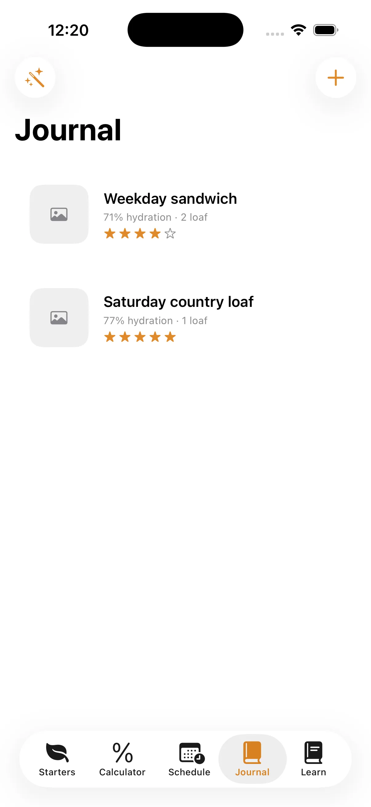 The Banneton journal screen showing two saved bakes with hydration and star ratings