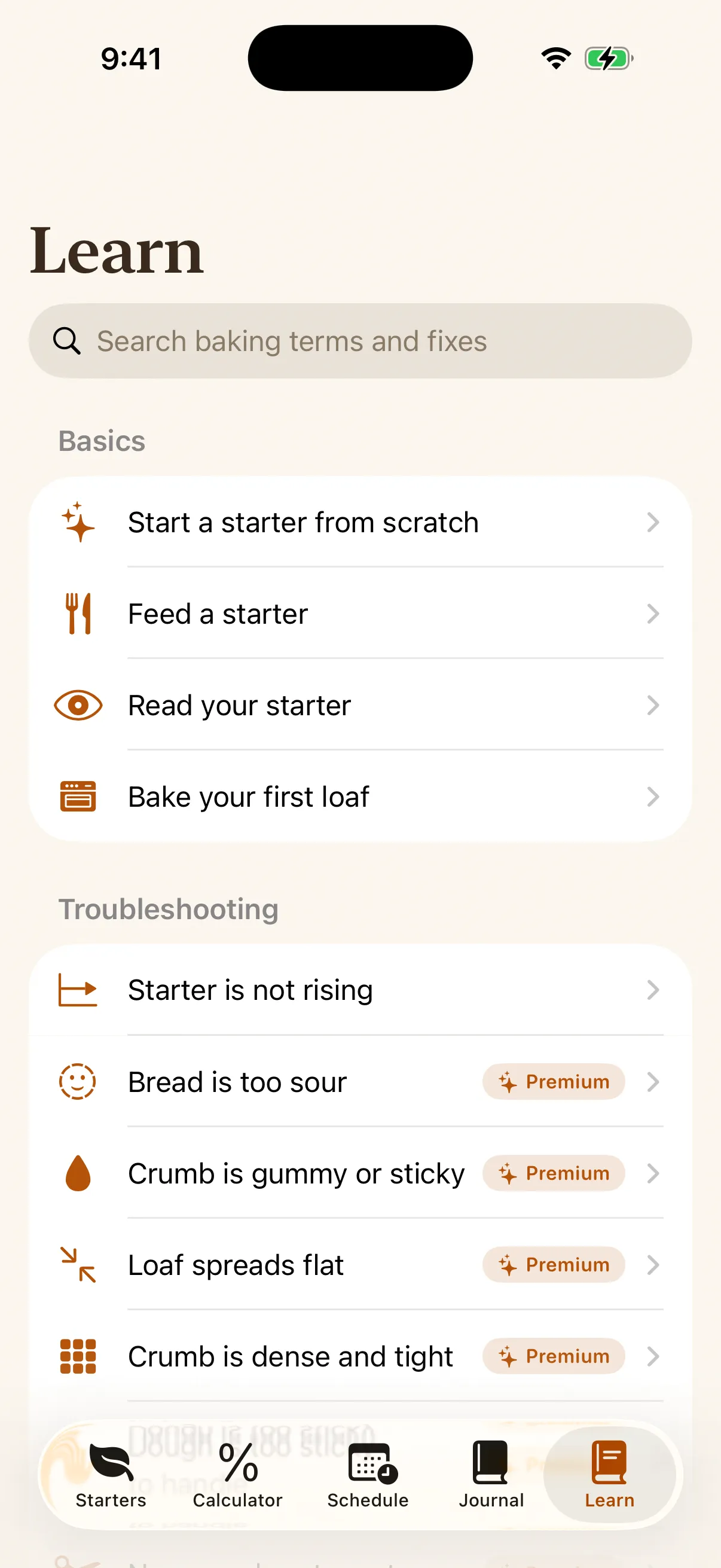 Banneton learn screen showing starter basics and the troubleshooting library
