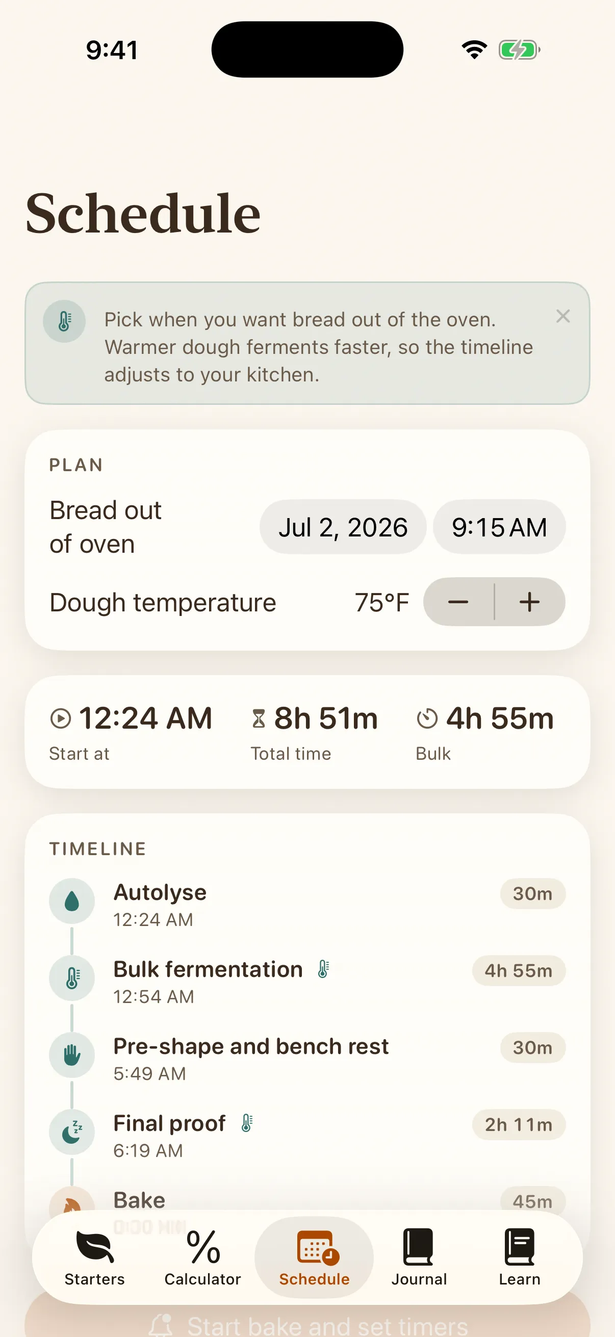 The Banneton schedule screen showing a reverse timeline of bake stages