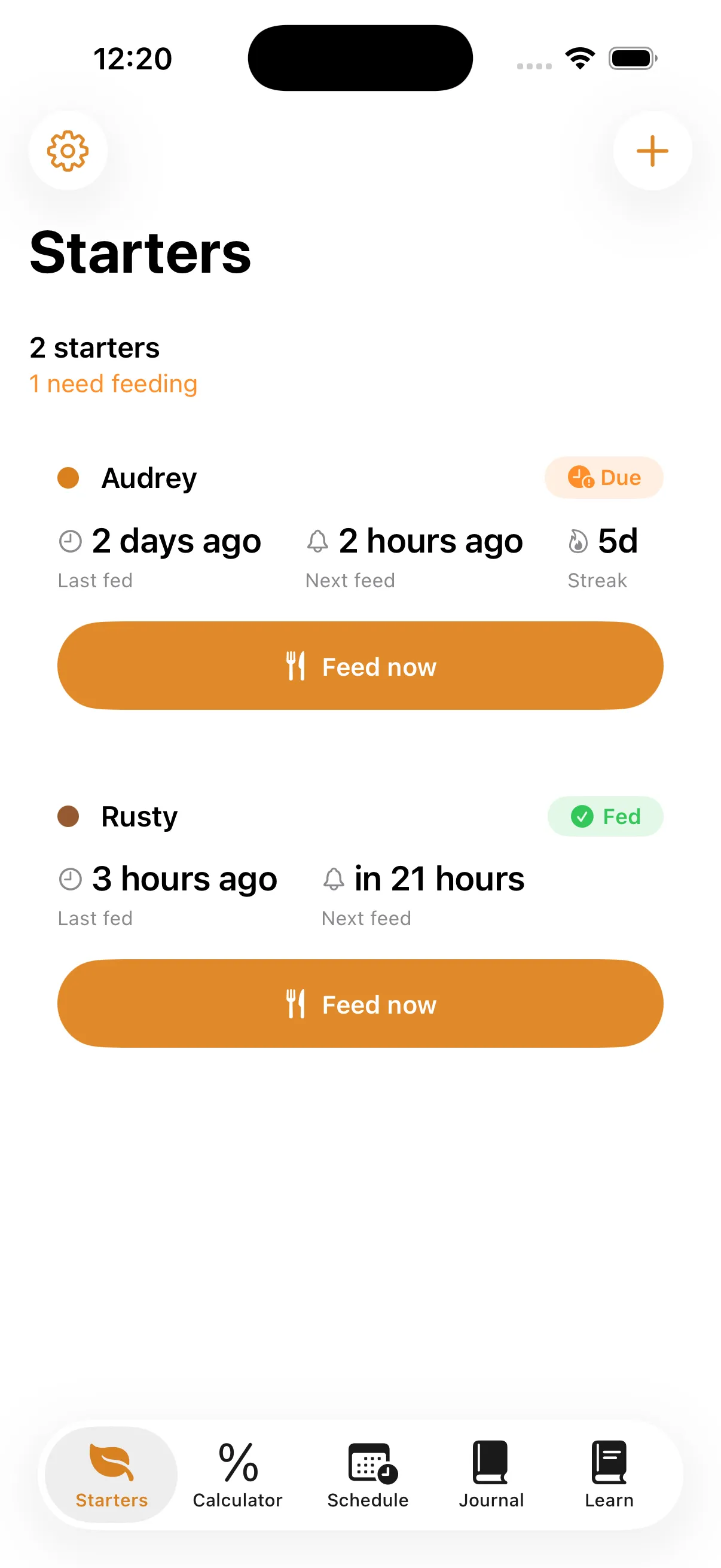 The Banneton home screen showing two starters and their feed state